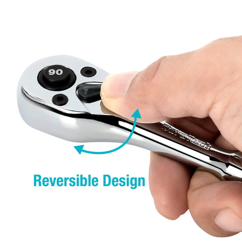 Quarter Inch Drive Ratchet, 90 Tooth Quick Release, Reversible Wrench in Cr V Steel, Full Polish Finish showing reversible design