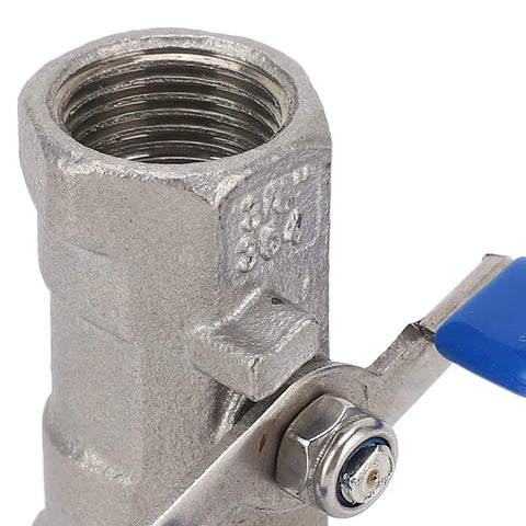 3/8 Inch Full Port Stainless Steel Ball Valve Featuring A Workhorse Grade Crush Proof Body showing threaded end and blue handle.