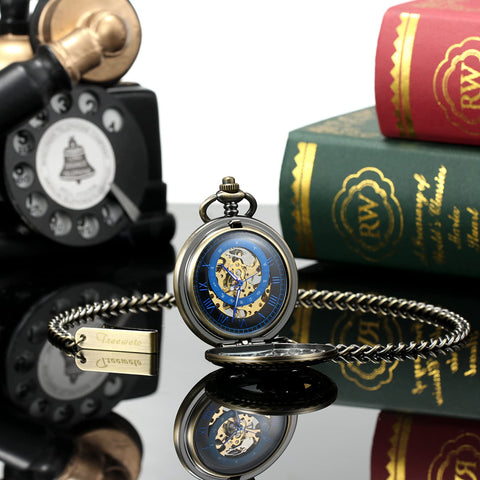 Dope Mechanical Pocket Watch With Skeleton Sun And Moon Dial Bronze Case Chain And Box Included Vintage Cosmos Design For Men And Women Elegant Timepiece For Everyday Wear