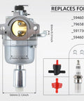 Nikki Carburetor For 594601 591736 796587 19 19.5 20 20.5 21 HP Craftsman Lawn Mower with dimensions and parts shown