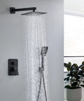 8 Inch High Pressure Rain Shower System With Tub Spout And Black Square Shower Head And 2 Setting Handheld Faucets Wall Mounted Valve Kit For A Dope Modern Bathroom with water flowing in a sleek bathroom.