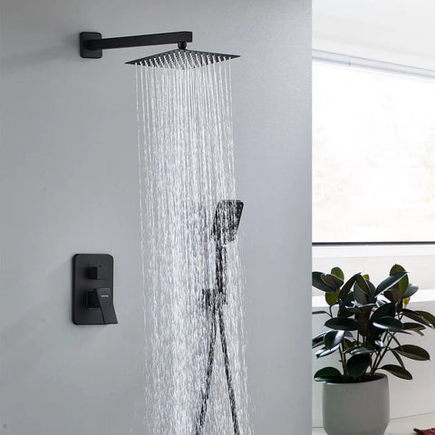 8 Inch High Pressure Rain Shower System With Tub Spout And Black Square Shower Head And 2 Setting Handheld Faucets Wall Mounted Valve Kit For A Dope Modern Bathroom with water flowing in a sleek bathroom.