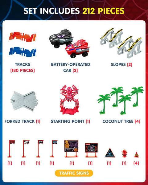 Awesome Spider Themed Race Track Toy With Flexible 212 Piece Car Track And Two Spider Cars set contents illustration
