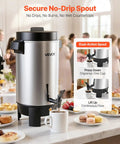 Big Batch 40 Cup Coffee Urn With Dripless Faucet And 203oz Capacity on table at event with snacks and desserts.