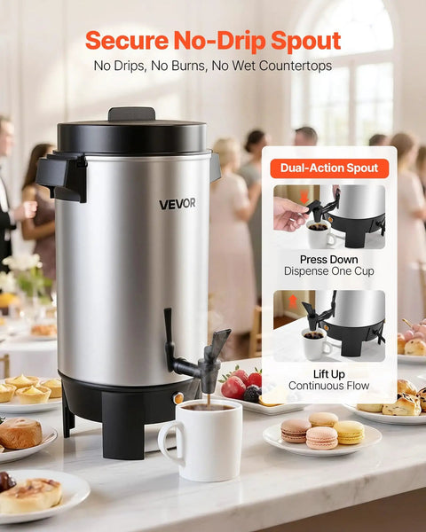 Big Batch 40 Cup Coffee Urn With Dripless Faucet And 203oz Capacity on table at event with snacks and desserts.