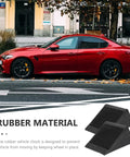 Heavy Duty Rubber Wheel Chocks Set Of 4 For Cars Trailers Trucks And RC Vehicles Grippy Non Slip Tire Stoppers Stabilizer Wedges With Crack Resistant Construction 4.72 Inches By 3.93 Inches By 5.90 Inches next to a parked red car