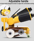 Heavy Duty Pneumatic Belt Sander With 100 Sanding Belts 360 Swivel Chuck High Torque 10000 RPM showing adjustable handle and sanding mechanism.