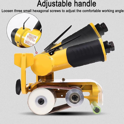 Heavy Duty Pneumatic Belt Sander With 100 Sanding Belts 360 Swivel Chuck High Torque 10000 RPM showing adjustable handle and sanding mechanism.