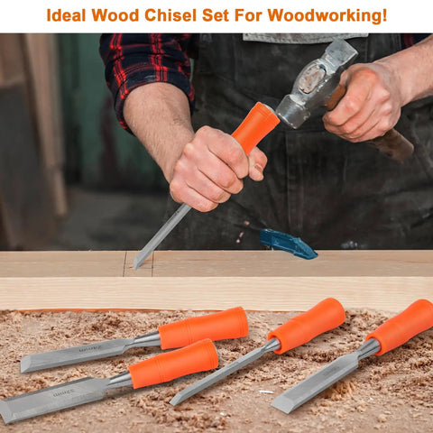 Heavy Duty 5 Piece Wood Chisel Set For Woodworking With Steel Hammer End And Ergonomic Plastic Handles in use on wood