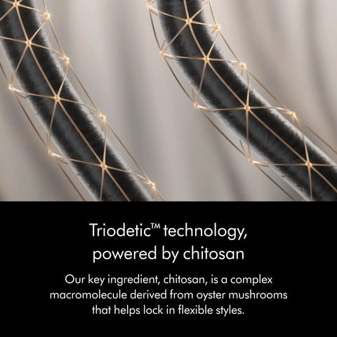 Triodetic technology illustration for Chitosan Post Style Hair Serum, showing chitosan macromolecule flexibility.