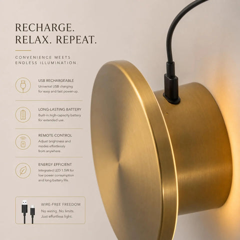 DANCYHOME 6.7" Rechargeable LED Wall Sconce in Brushed Brass with USB-C charging cable connected.