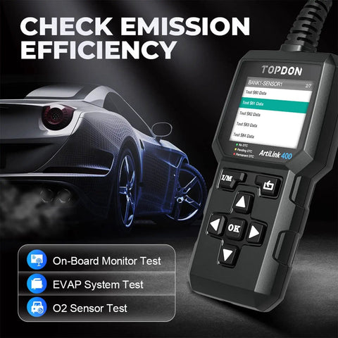 AL400 OBD2 Scanner For Cars And Light Trucks, Full OBDII Code Reader With DTC Lookup and emission check functionality displayed.