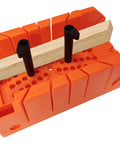 12 Inch Miter Box Kit With Saw Included For No Nonsense Precise Cuts At 90 45 22.5 And 0 Degrees, orange plastic base and twist lock pins visible