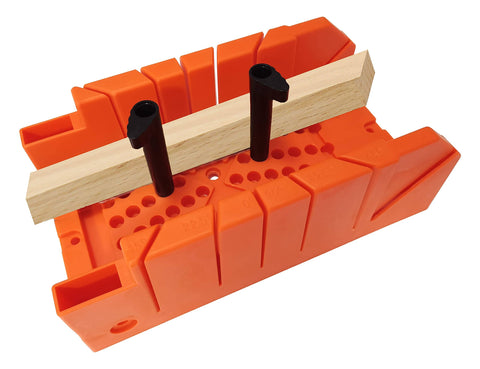12 Inch Miter Box Kit With Saw Included For No Nonsense Precise Cuts At 90 45 22.5 And 0 Degrees, orange plastic base and twist lock pins visible
