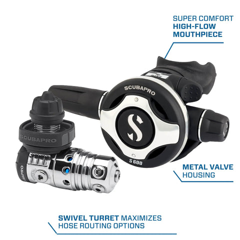 Air Balanced Flow-Through Piston Regulator With Chrome Brass Body DIN Connection, metal valve, high-flow mouthpiece.
