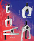 Dimensions of 5 Piece Front End Service Tool Kit for Ball Joints Pitman Arm and Tie Rod Removal shown on colorful background