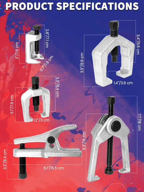 Dimensions of 5 Piece Front End Service Tool Kit for Ball Joints Pitman Arm and Tie Rod Removal shown on colorful background