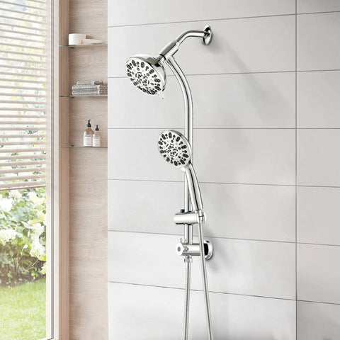 High Pressure 48 Setting Dual Shower Head With Handheld And Sliding Bar Chrome Finish No Drill Installation 3 Way Diverter