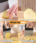 Crinkle cutter for vegetables and potatoes with stainless steel blades and built-in peeler.