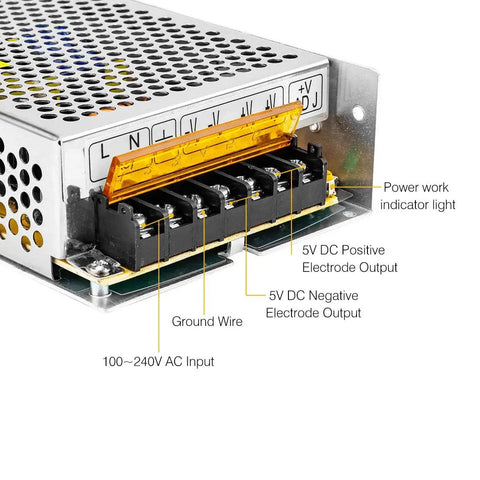 Close-up of Beefy AC To DC 5V 20A Switching Power Supply Adapter Converter 100W Max with labeled outputs and inputs