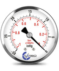 2.5 Inch Dry Vacuum Pressure Gauge With Chrome Plated Steel Case Back Mount 1/4 Inch NPT Dual Psi Bar Scale With KPa Guidance -30 Hg To 0 Vacuum ASME B40.1 Grade B Accuracy Built Tough For HVAC Hydraulics And Pneumatics front view
