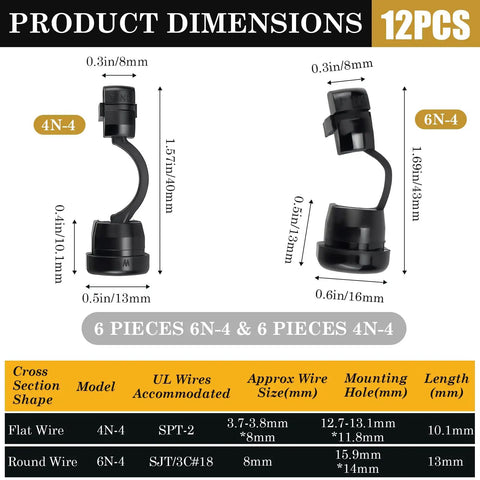 12 Pack Black Strain Relief Cord Connectors Set For Office And Home Cable Management Nylon Round Insulating Cable Bushes Fits 6N-4 And 4N-4 Power Cords Durable Easy Install Keeps Cables Neat And Tidy. dimensions chart for 4N-4 and 6N-4 PA66 cable bushings
