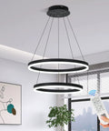 Black Two Ring LED Chandelier For Dining Room With Dimmable Remote, ceiling light with adjustable brightness, hanging in a room