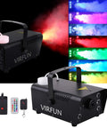 All In One Fog Machine With 6 LED Lights And 12 Color Effects with remotes, black unit emitting colorful fog, 500ml tank visible
