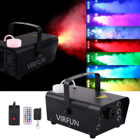 All In One Fog Machine With 6 LED Lights And 12 Color Effects with remotes, black unit emitting colorful fog, 500ml tank visible