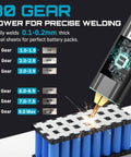 Cordless Battery Spot Welder Handheld Mini Welding Machine With 2000mAh Rechargeable Battery Portable Weld Tool for Nickel Plated Sheets up to 0.2mm Ideal for Battery Pack Assembly and Repair with Real Time Display, shown welding on battery cells.