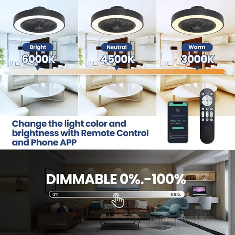 Bladeless Ceiling Fan With Lights 20 Inch Enclosed Black Dimmable Remote For Dining Room And Bedroom in lighting modes