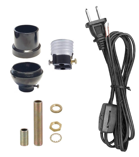 Vintage Style Table Lamp Rewiring Kit With Keyless Socket Rotary Switch And Cord Set For DIY Lighting 18 Gauge 2 Wire SPT Plastic Shell Socket Medium Base Bulb Socket Nut And Threaded Rod Included, black parts and cord