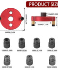 Self Centering Dowel Jig With Swap In Bushings For Knockout Precision showing red aluminum base with size dimensions and black metal bushings.
