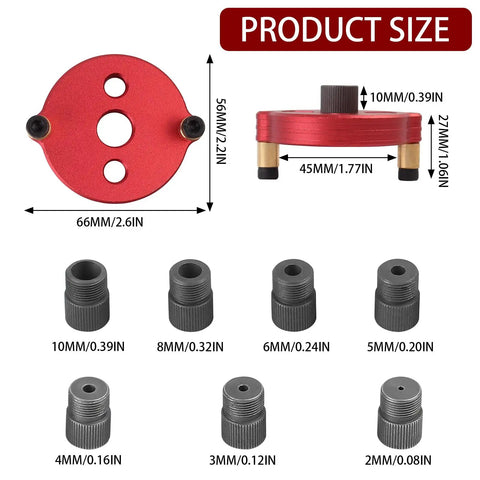 Self Centering Dowel Jig With Swap In Bushings For Knockout Precision showing red aluminum base with size dimensions and black metal bushings.
