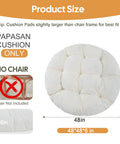Papasan Chair Cushion 48 Inch Square Thick 6 Inch Cushion With Thick Corduroy Cover Beige Cushion Only For Egg Chair And Floor Cushions Ideal For Meditation Corners And Cozy Lounging With Premium Shredded Foam product image showing dimensions and cushion details.
