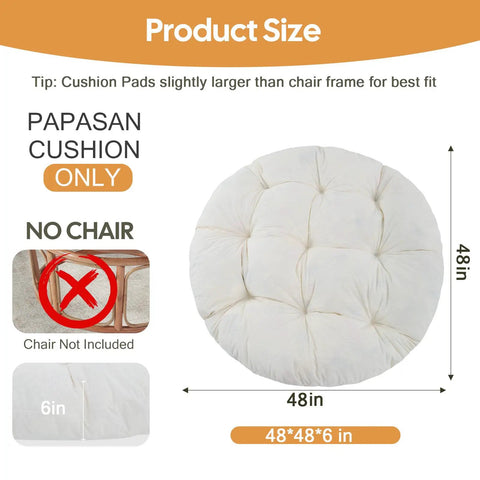 Papasan Chair Cushion 48 Inch Square Thick 6 Inch Cushion With Thick Corduroy Cover Beige Cushion Only For Egg Chair And Floor Cushions Ideal For Meditation Corners And Cozy Lounging With Premium Shredded Foam product image showing dimensions and cushion details.