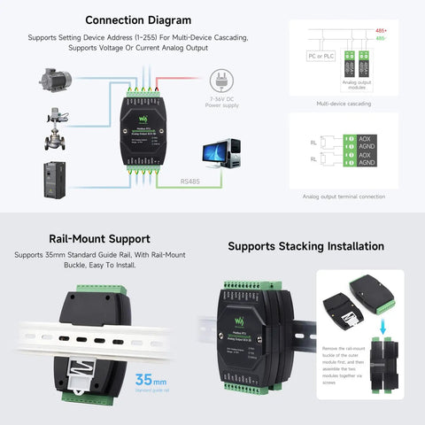 Diagram of Industrial 8 Channel Analog Output Module with 12-Bit DAC, Modbus RTU Protocol, RS485, rail mount, and installation details