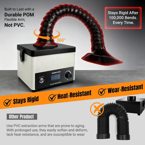 Desktop Solder Fume Extractor With 3 Stage HEPA Carbon Filtration Adjustable Speed Beefy 71 CFM Suction, showing flexible arm.