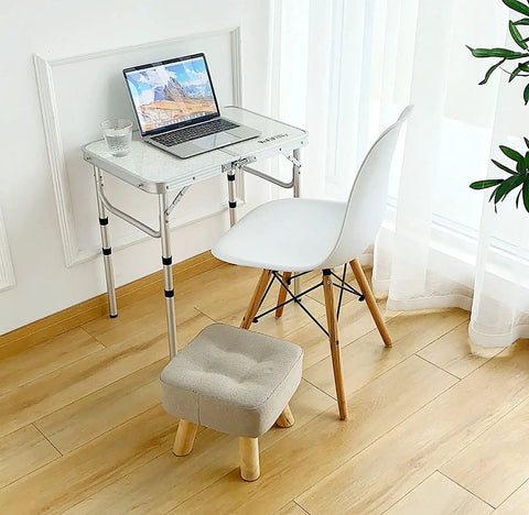 Portable Folding Camp Table 24 Inch By 16 Inch With Aluminum Frame Lightweight And Easy Setup Three Adjustable Heights next to chair