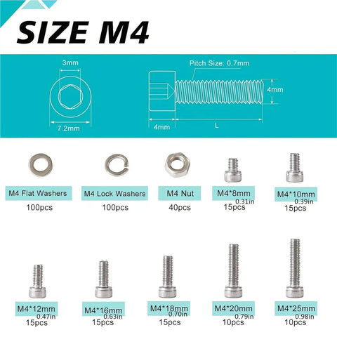 M4 Hex Socket Head Cap Screws Nuts And Washers Kit In 304 Stainless Steel With Assorted Sizes, Built To Last Heavy Duty Fastener Set For DIY Projects, Electronics, Automotive, And Machinery. M4 sizes 8mm to 25mm