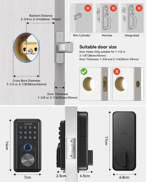 Smart Deadbolt Keyless Entry Door Lock Boasting AI Powered Fingerprint Recognition That Slips in Under Half A Second plus Bluetooth App Integration and Keypad Backup Provide Gnarly Convenience and Secure Peace of Mind in Slick Black door measurements and compatibility guide