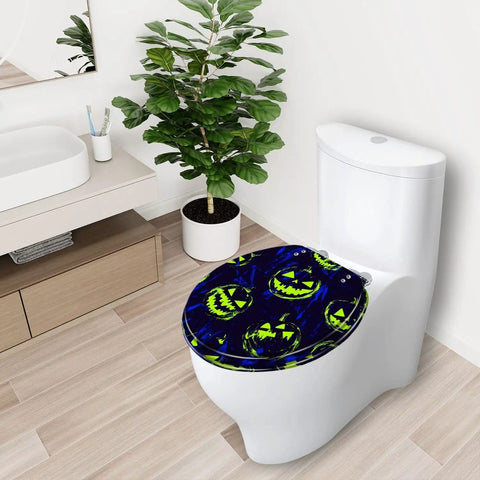 Round Resin Toilet Seat for Bathroom with Halloween pumpkin design, 16.5" length, 14.5" width, stylish for festive decor.