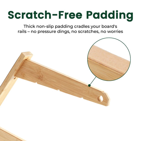 Solid 3 Tier Bamboo Surfboard Rack for Wall Mount or Floor Stand showing thick scratch-free padding for board protection.