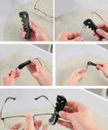 Person using All In One Eyeglass Repair Kit With Frame Adjuster Tools Ear Grips Nose Pads And A 3 In 1 Screwdriver For Tightening Glasses
