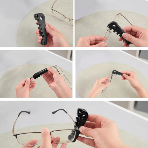 Person using All In One Eyeglass Repair Kit With Frame Adjuster Tools Ear Grips Nose Pads And A 3 In 1 Screwdriver For Tightening Glasses