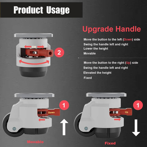 No Sweat Heavy Duty Leveling Casters With Ratchet Handle height adjustment guide for smooth movement and stability.