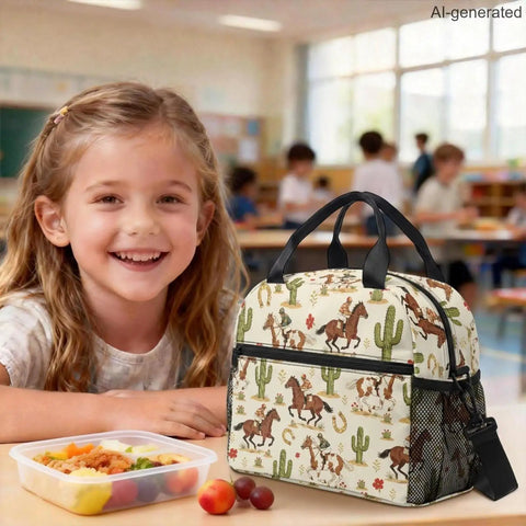 Girl with Desert Horse Insulated Kids Lunch Box With Easy-Clean Lining And Adjustable Strap in classroom, size 9.84x5.51x8.27 inches