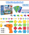 224 Piece Drill And Screwdriver STEM Building Set For Kids With 2D And 3D Blocks Kit Totally Great For Hands On Learning Fine Motor Skills And Creative Problem Solving. includes 224 pcs, drill, screwdriver, storage case