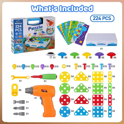 224 Piece Drill And Screwdriver STEM Building Set For Kids With 2D And 3D Blocks Kit Totally Great For Hands On Learning Fine Motor Skills And Creative Problem Solving. includes 224 pcs, drill, screwdriver, storage case