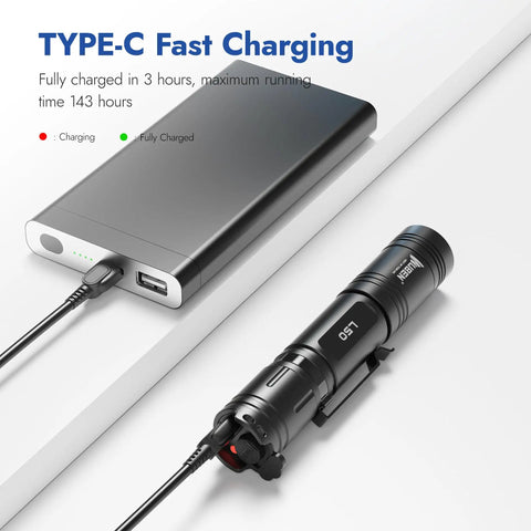 Beefy 1200 Lumens Rechargeable Tactical Flashlight with IP68 waterproof build charging via USB-C cable from power bank.